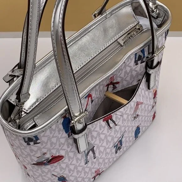 Michael Kors Jet Set Girls Print White Signature XS Carryall Top Zip Tote